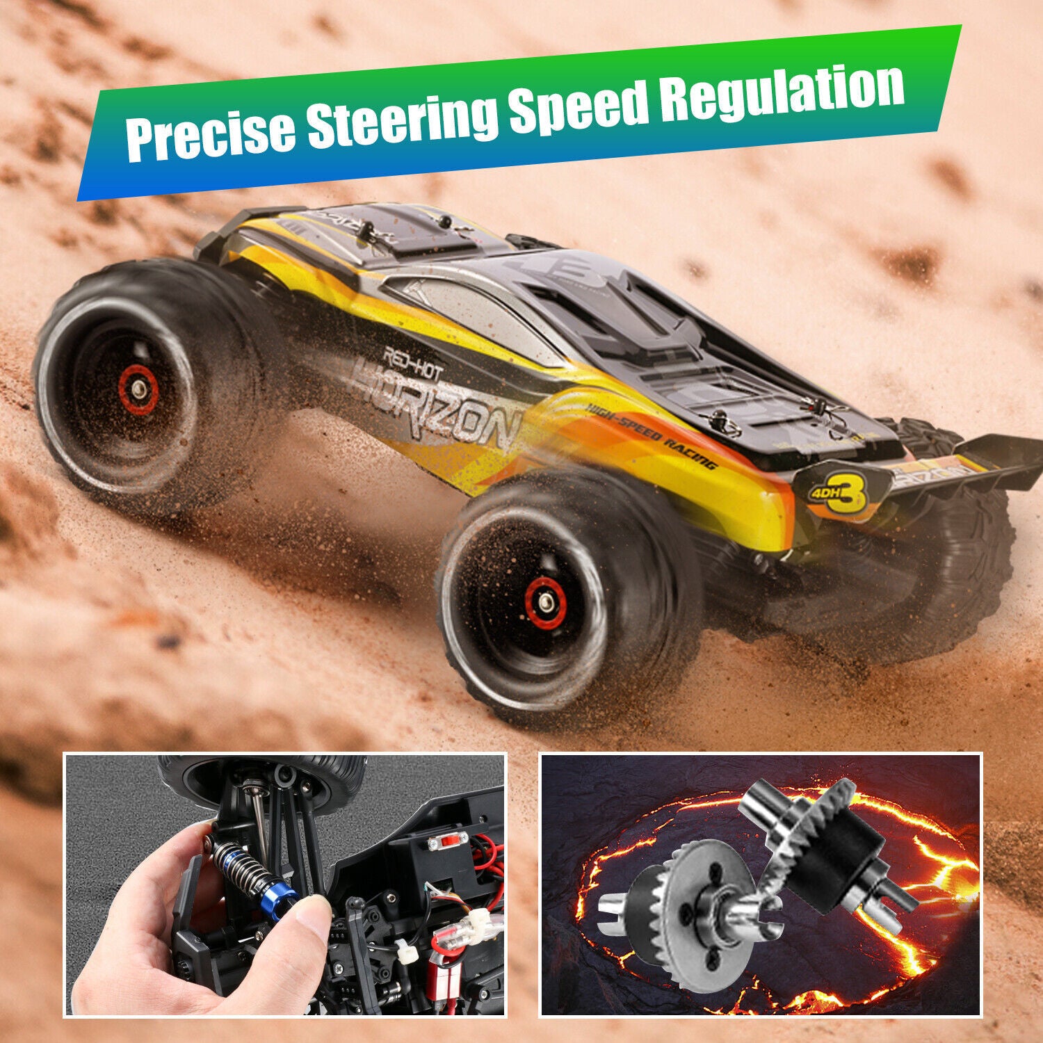 RC monster truck drifting on sand with precise speed control and shock absorption parts