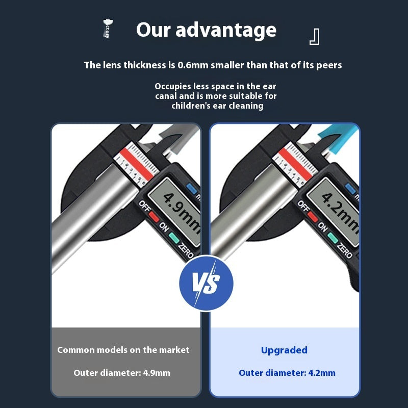 Comparison showing upgraded ear cleaner with 4.2mm lens vs. common 4.9mm lens, highlighting smaller diameter for safer children’s ear cleaning.