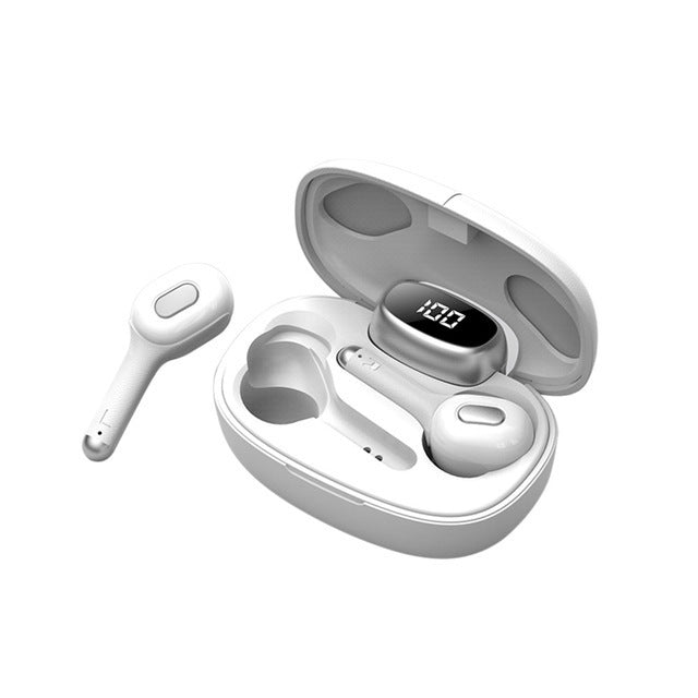 A pair of purple T9s translation Bluetooth earbuds with a charging case displayed on a reflective surface.
