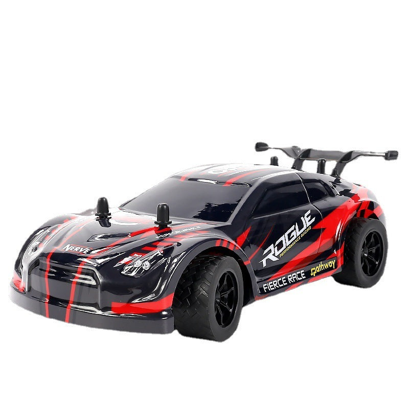 Sleek black and red RC drift car with aerodynamic design and bold 