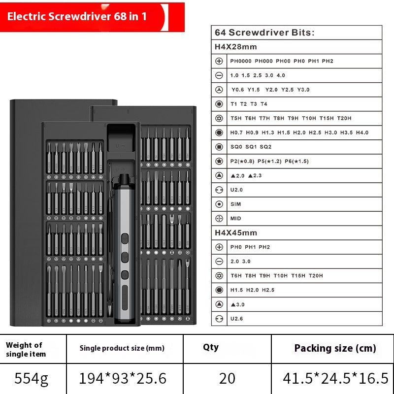 Detailed product image of a 68-in-1 electric screwdriver set with labeled 64 precision bits, showcasing various bit types and sizes. Includes product weight, dimensions, packaging size, and quantity per carton.