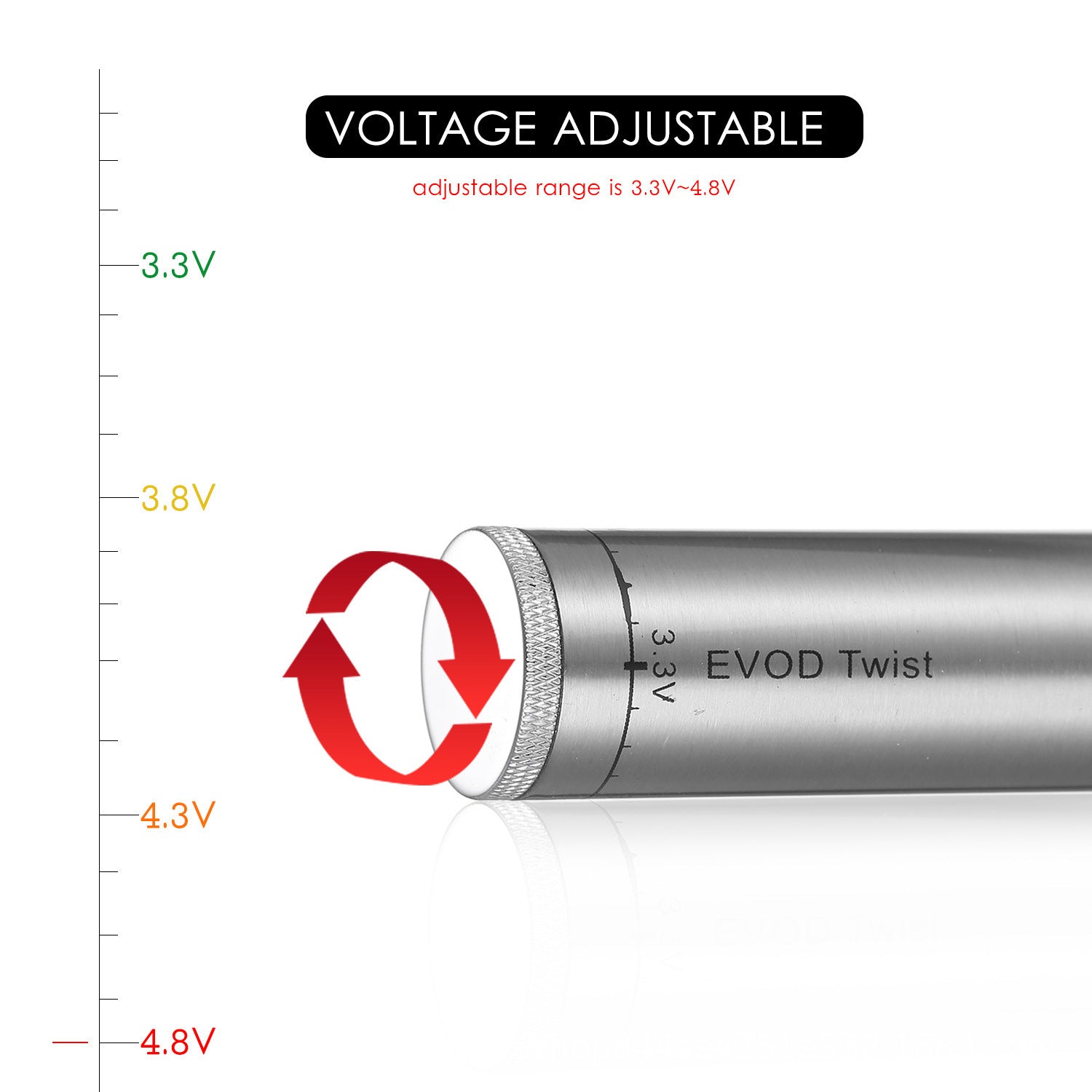 Close-up view of a silver EVOD Twist voltage-adjustable device with a rotating dial, showing a voltage range from 3.3V to 4.8V.