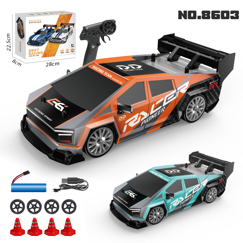 Toy racing car set with remote control, battery, and accessories on a white background