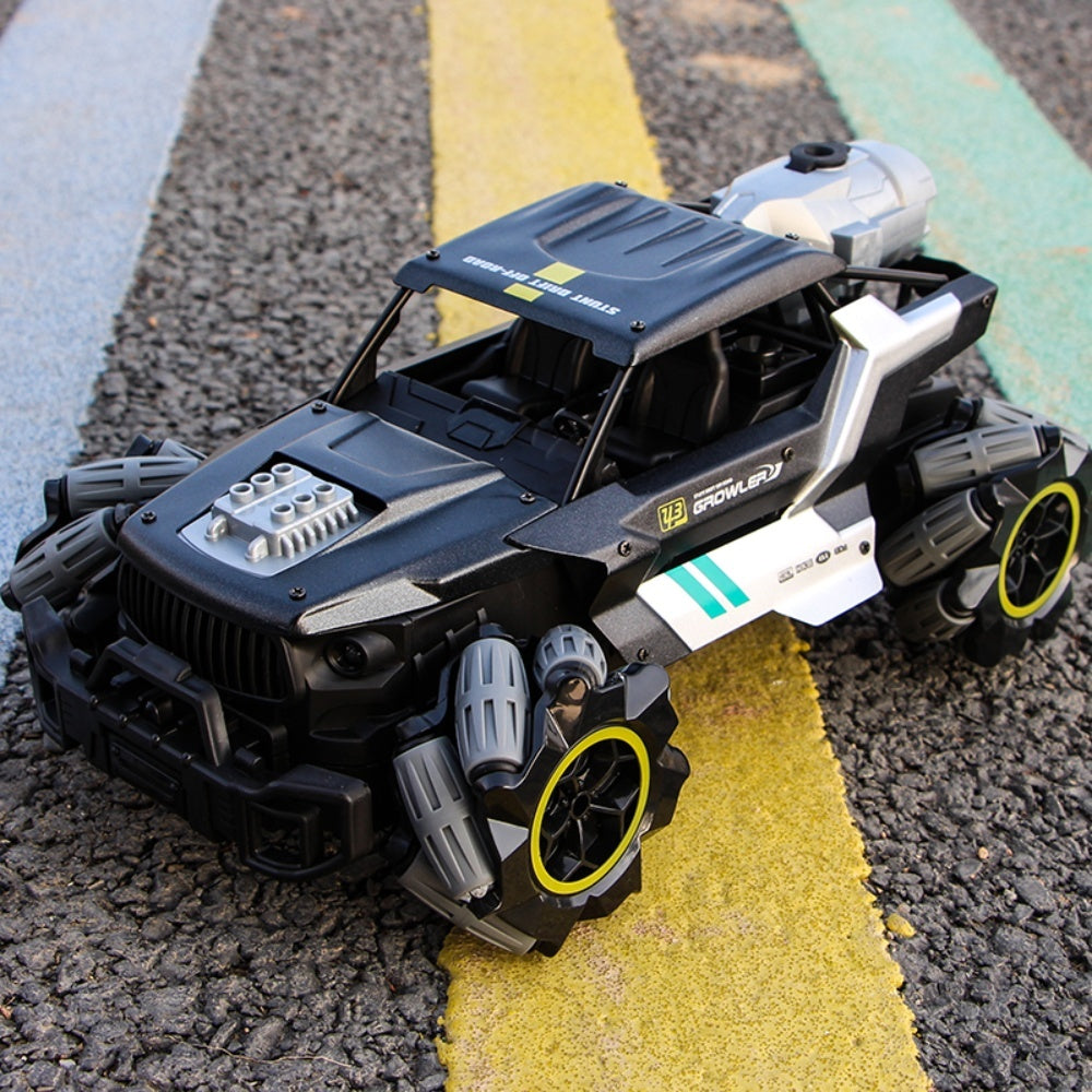 Close-up of black RC stunt car with Mecanum wheels on a road with yellow line