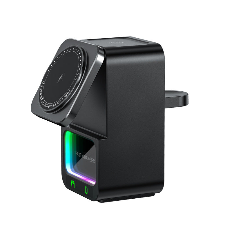 A Bluetooth speaker and a wireless charger integrated into a single device, with a black body and a white top, displaying LED indicators and Bluetooth signal icons.