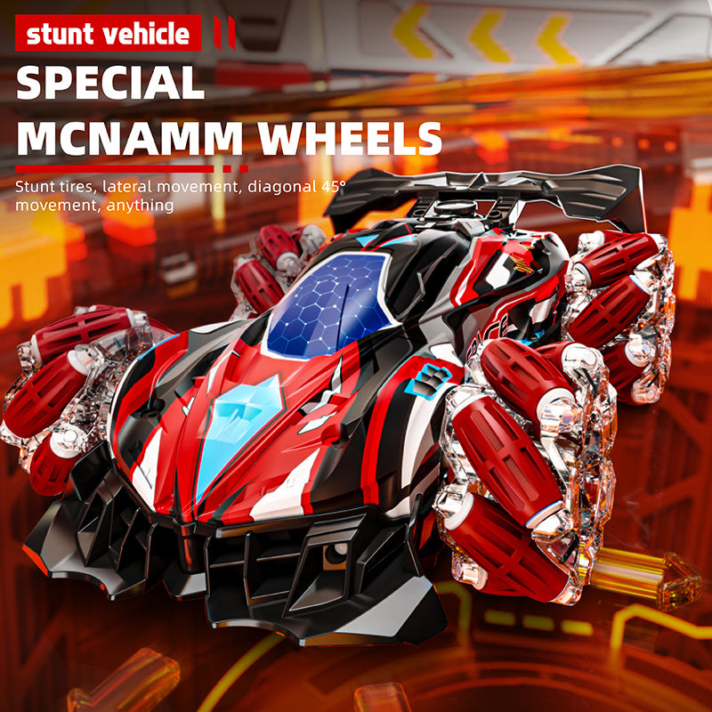 Red RC stunt car with McNamm wheels for 360° multi-directional movement