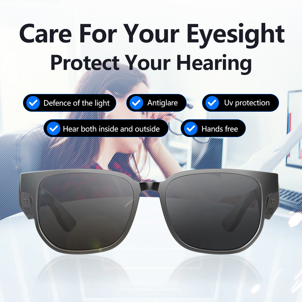black smart Bluetooth audio glasses with a square design, Care For Your Eyesight ,Protect Your Hearing 