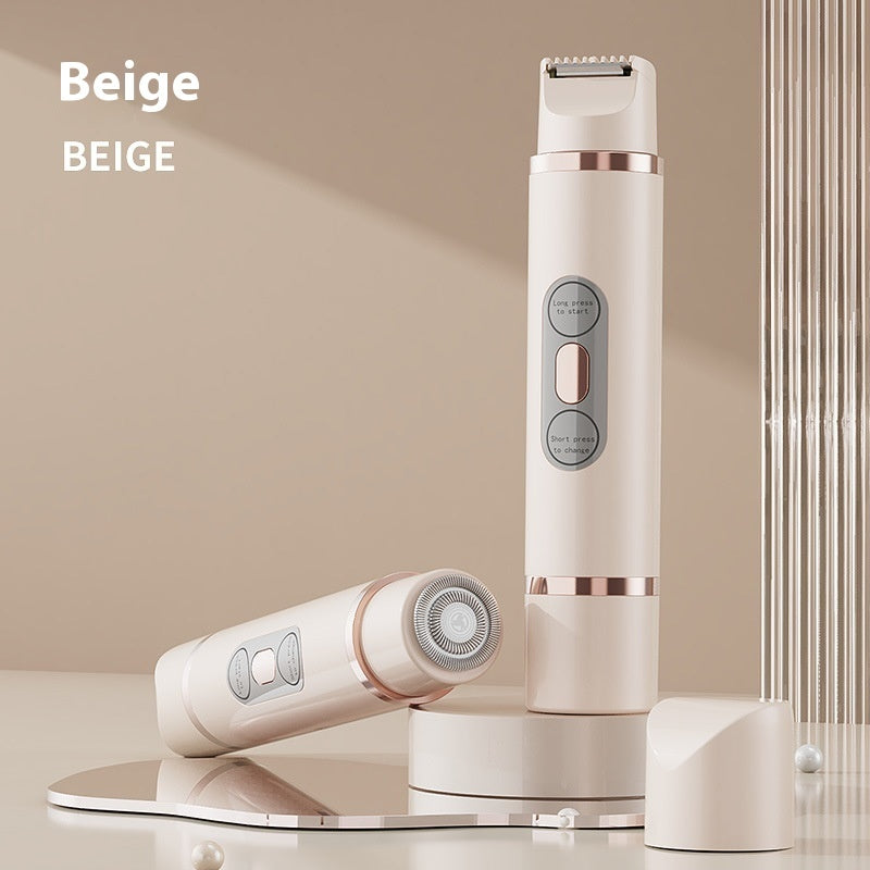 A pink dual-head electric shaver designed for painless hair removal on the whole body, including the arm pit, leg, beard, chest, lip, and hand area. The device is USB-powered and features automatic hair trimming capabilities.