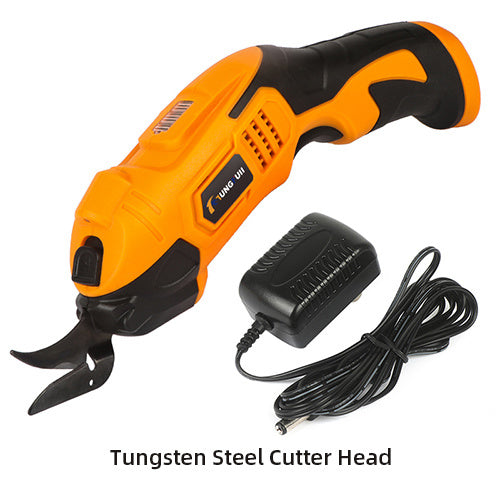 Bright orange and black multifunctional electric scissors with a tungsten steel cutter head, shown alongside a black power adapter on a white background.