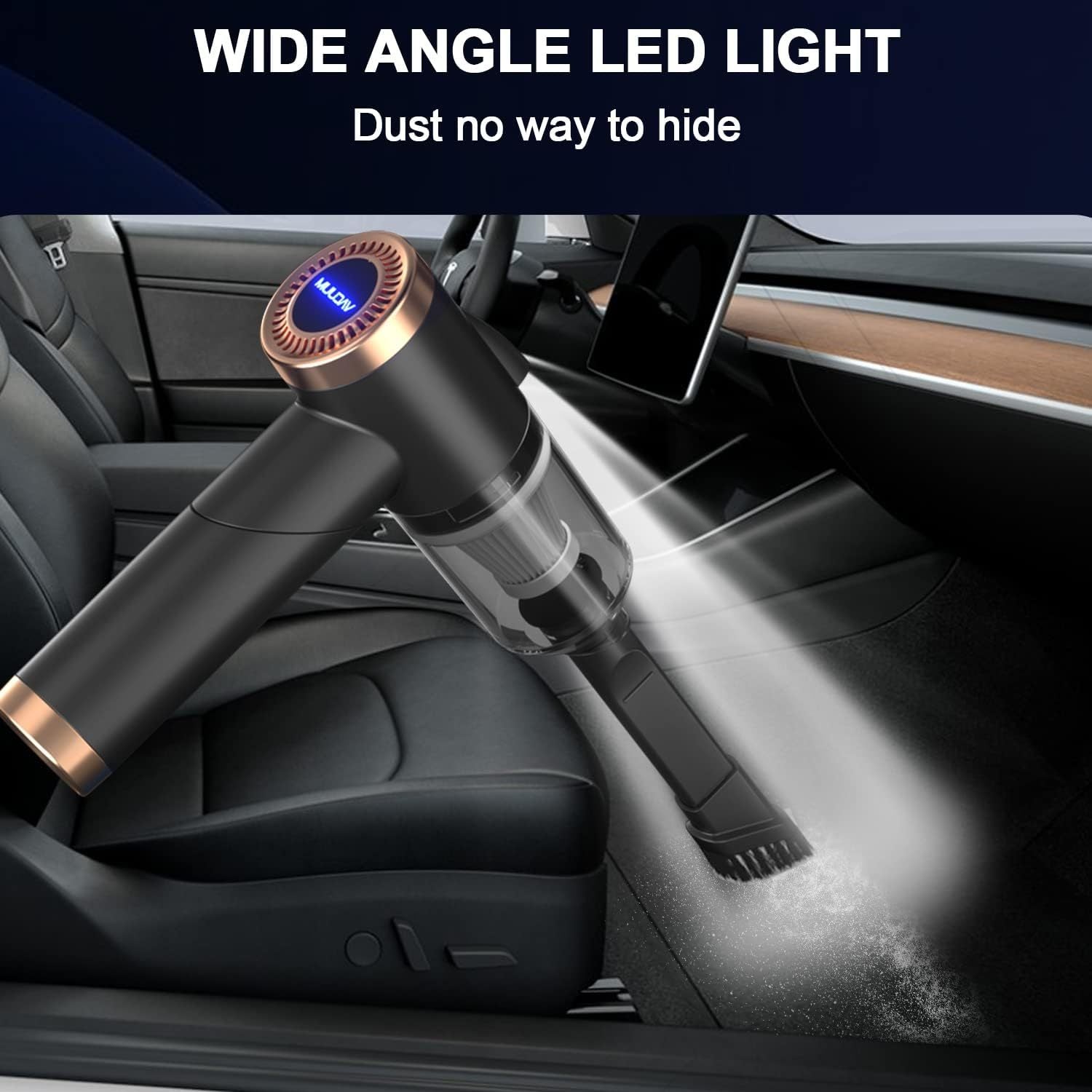 Car interior cleaning tool with wide-angle LED light cleaning a car seat.