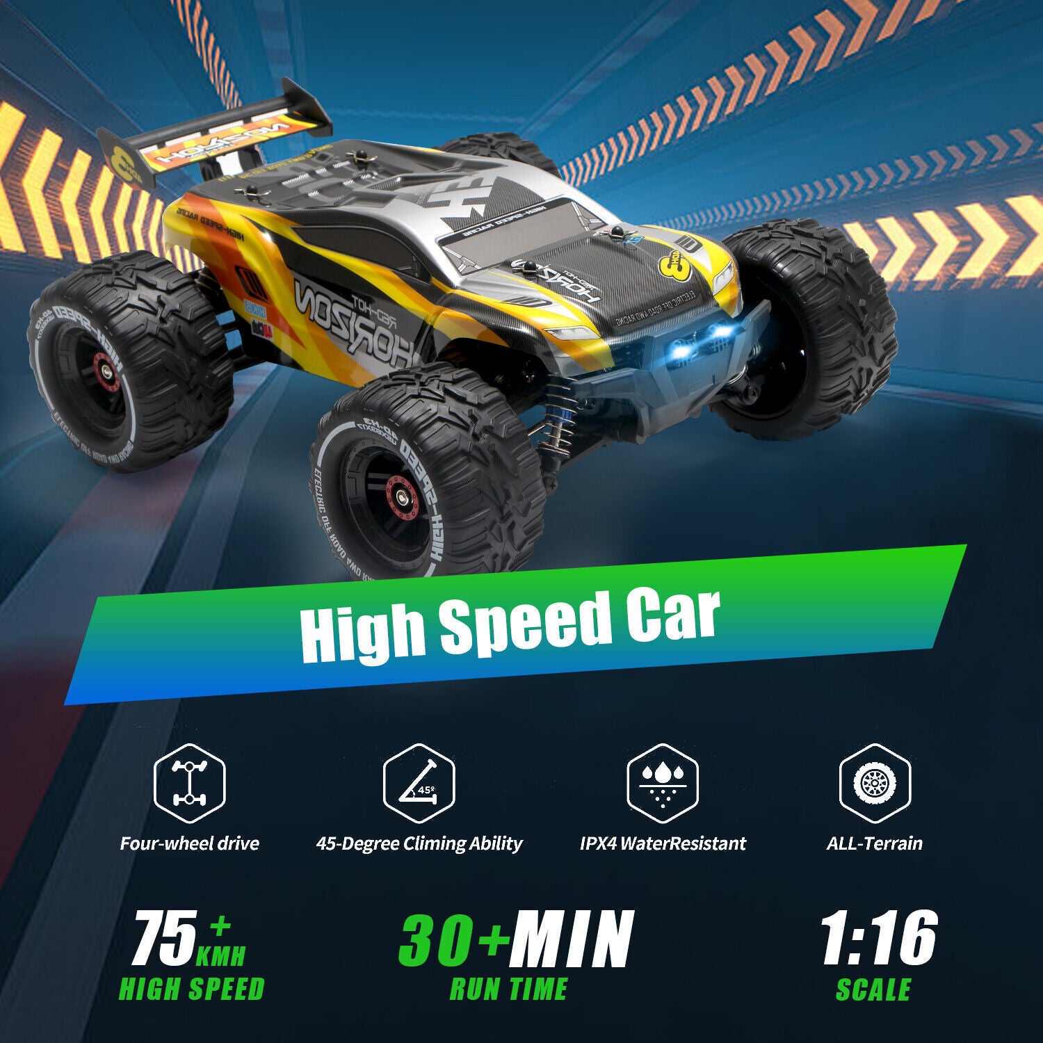 1:16 scale RC car with 75+ km/h speed, 45° climbing, water resistance, and long battery life