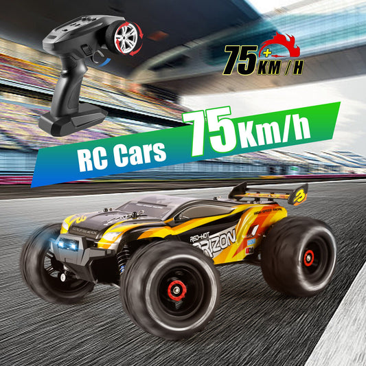 Remote control RC car with 75km/h top speed on racetrack background with controller