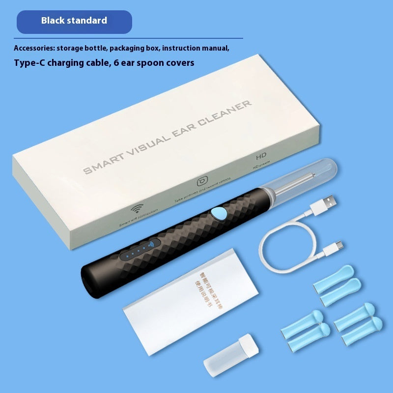 Black standard smart visual ear cleaner set with camera ear pick, Type-C charging cable, 6 soft ear spoon covers, storage bottle, user manual, and retail box.