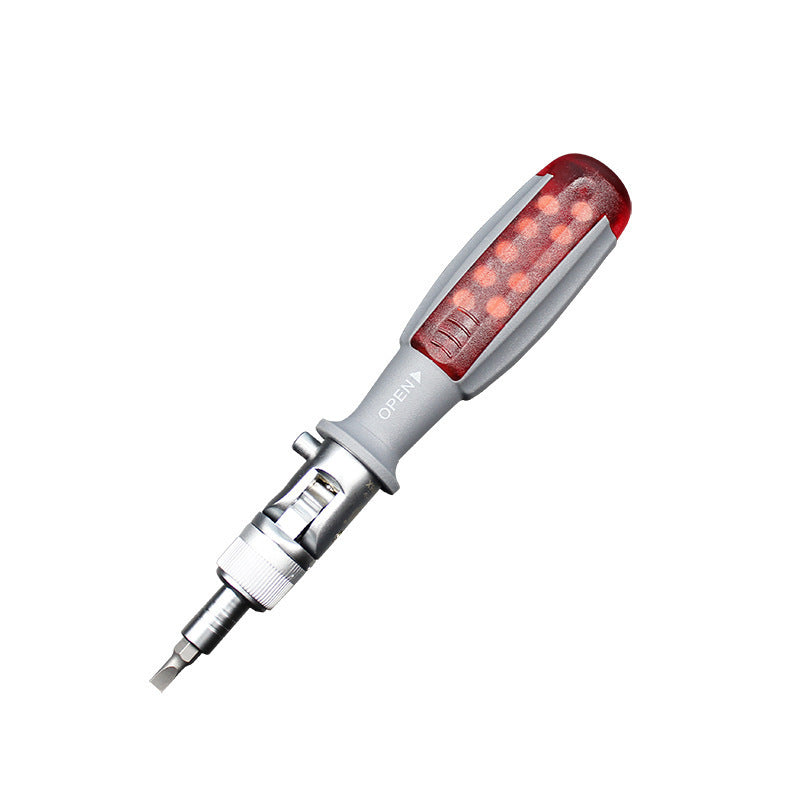 Multi-functional magnetic ratchet screwdriver with ergonomic red and gray handle, featuring adjustable head and interchangeable bit system.