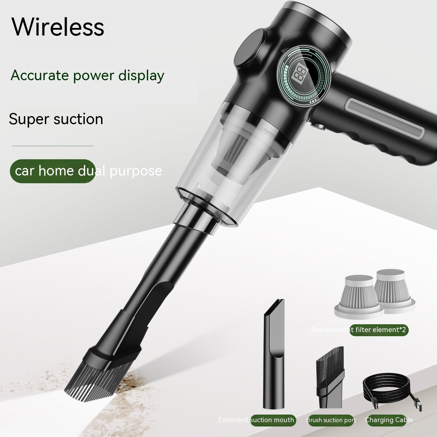 Black wireless handheld vacuum cleaner with digital power display, strong suction, and multiple attachments for car and home use, including brush head, extension nozzle, filter replacements, and charging cable.