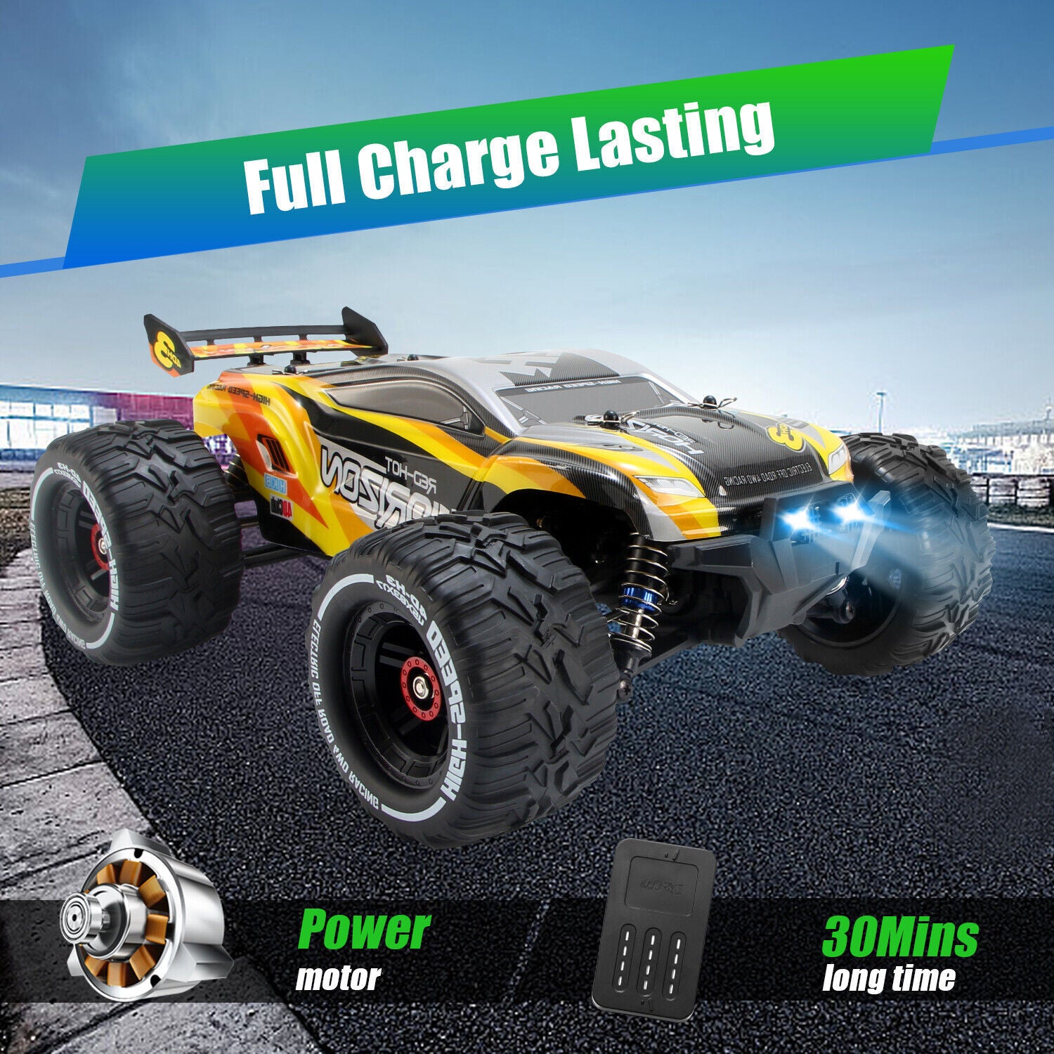 Powerful yellow RC truck with LED headlights and 30-minute runtime after full charge
