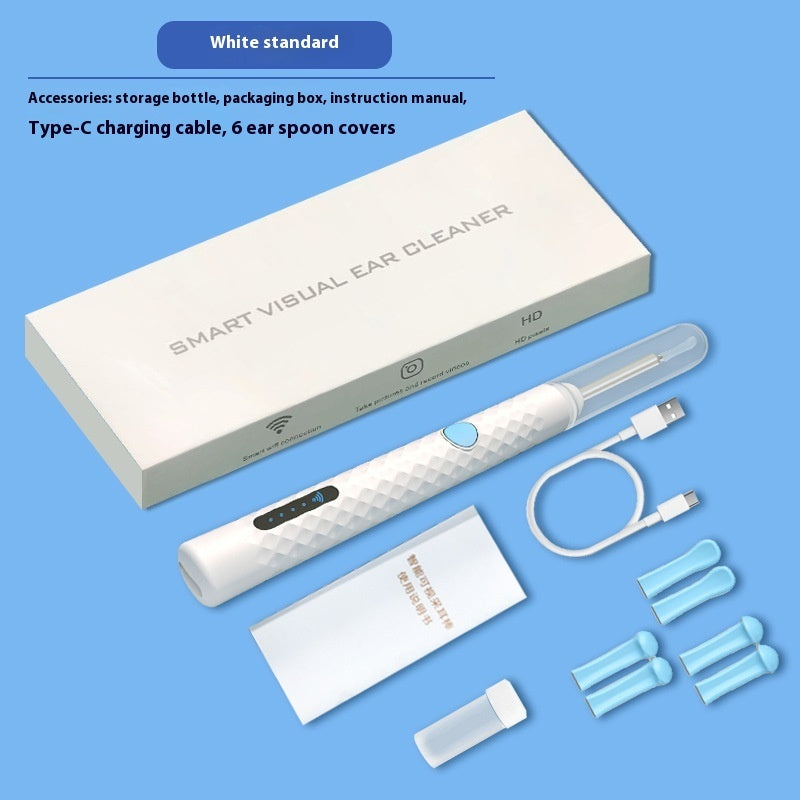 White standard smart visual ear cleaner set with camera ear pick, Type-C charging cable, 6 soft ear spoon covers, storage bottle, user manual, and retail box.
