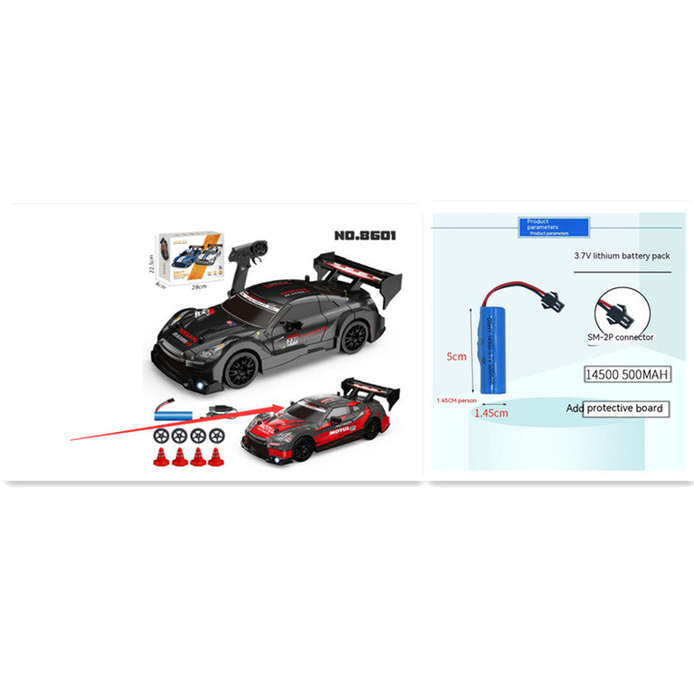 Toy car set with remote control, battery pack, and accessories on a white background