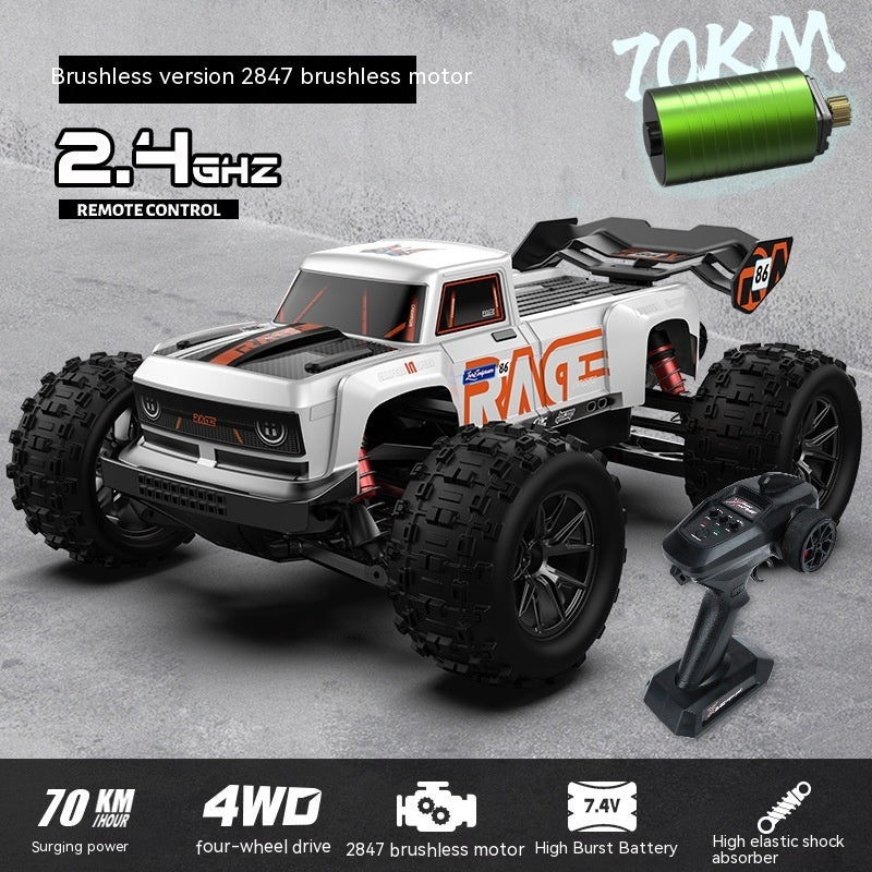 Toy truck with remote control on a gray background, featuring text about specifications.