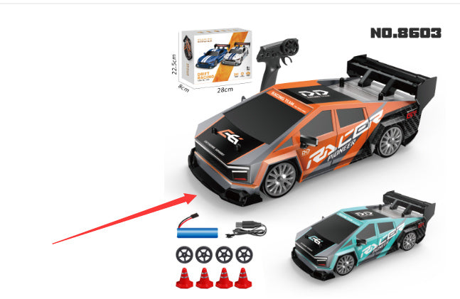 Toy racing car set with remote control, car parts, and packaging on a white background