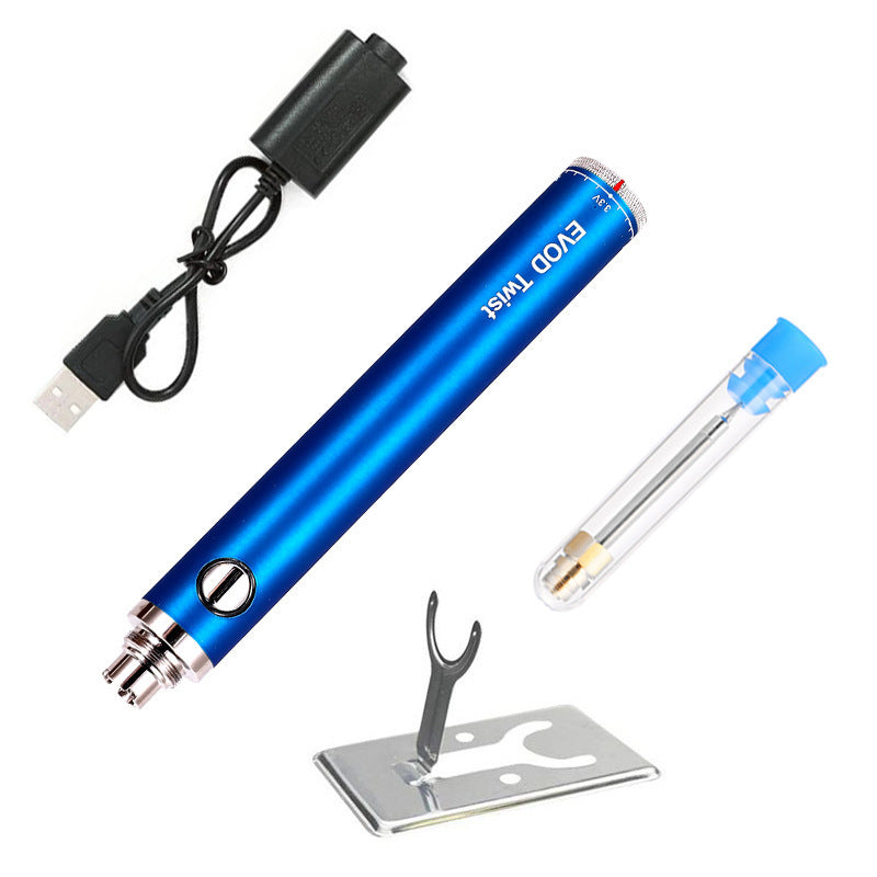 Blue EVOD Twist mini soldering iron kit with adjustable voltage, USB charging cable, soldering tip in protective case, and metal stand included.