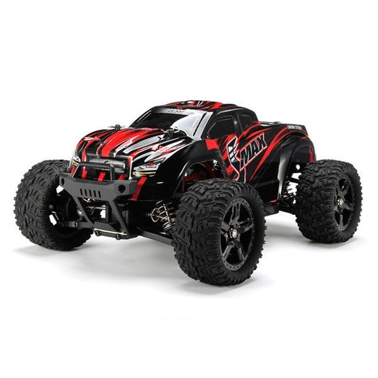 Black and red remote control monster truck on a white background