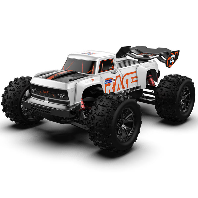White RC truck with large tires and rear spoiler