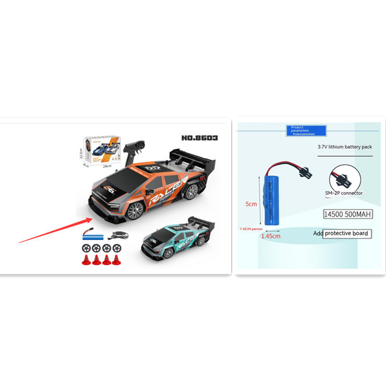 Toy car with remote control and battery pack on a white background