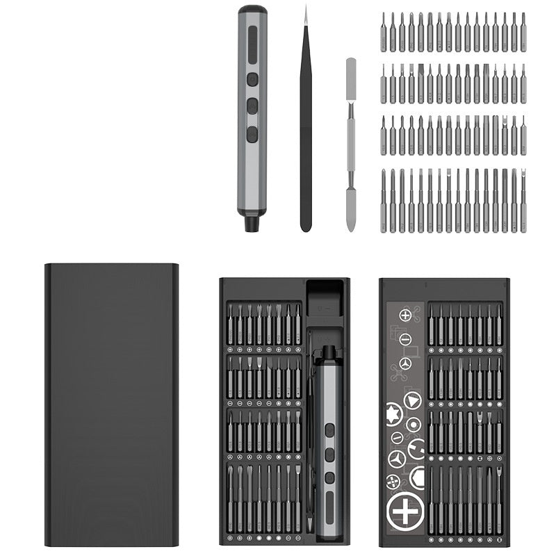 Complete 68-in-1 electric precision screwdriver set with multiple interchangeable bits, tweezer, prying tool, electric screwdriver handle, and sleek storage case — all neatly organized and displayed.