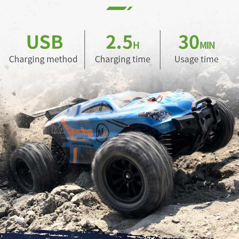 Blue RC off-road car racing on rocky terrain with USB charging specs shown