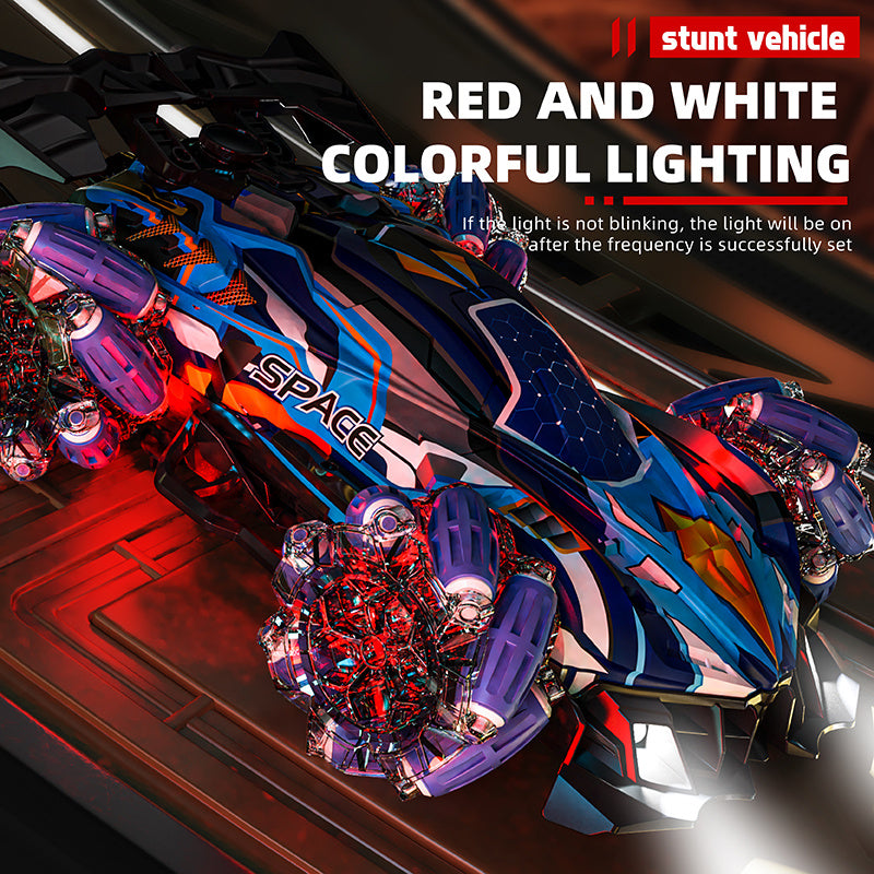 Blue stunt RC car with red and white LED lighting in motion