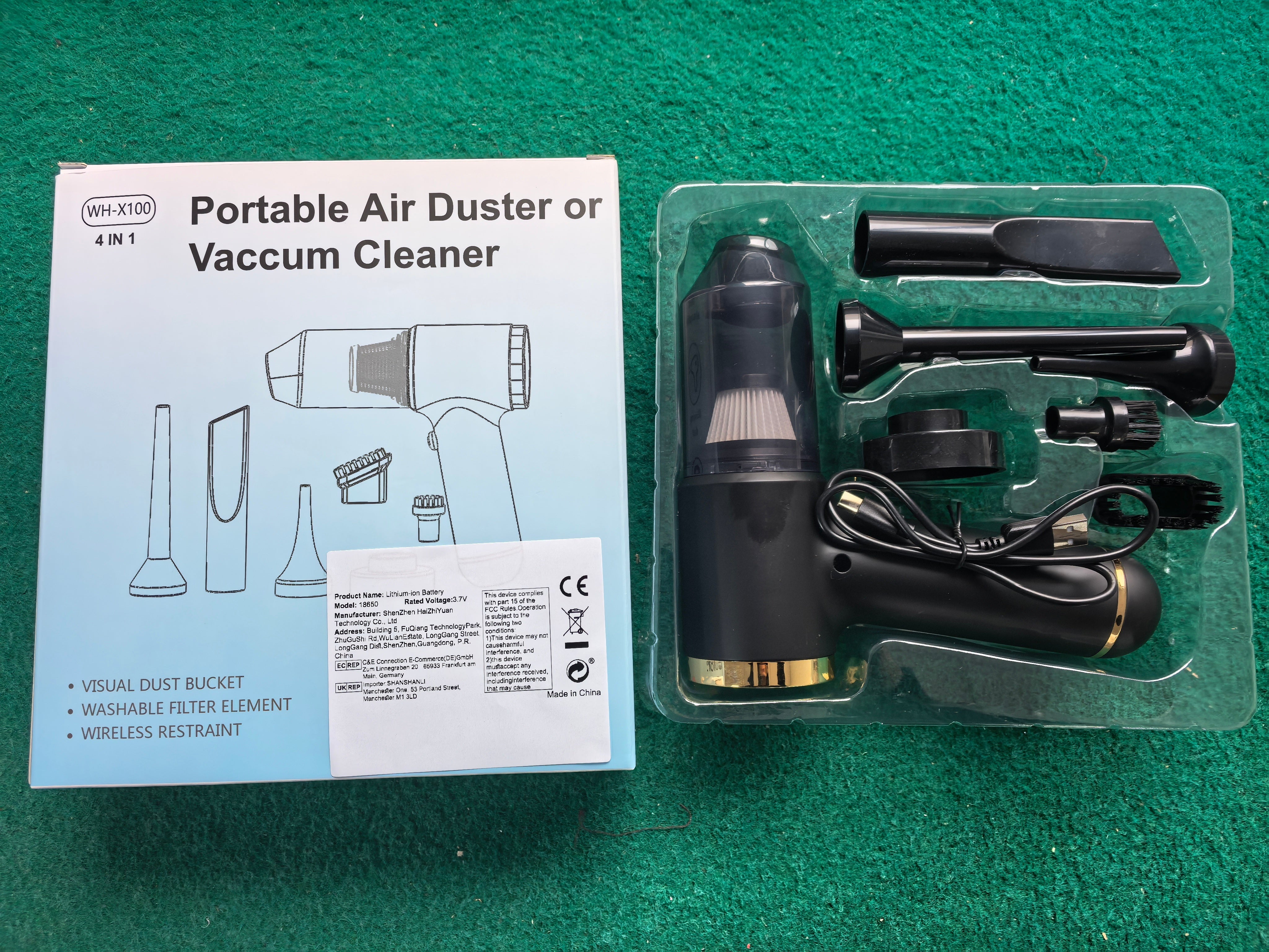 Full product kit of WH-X100 4-in-1 portable air duster and vacuum cleaner, including attachments, USB cable, and packaging with labeled functions.