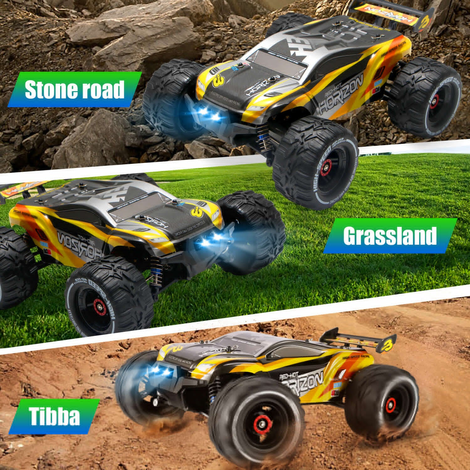 All-terrain RC truck racing on rocky, grassy, and sandy surfaces with LED lights on