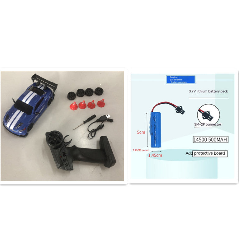 Collage of a remote control car kit with parts and a battery pack diagram on a white background.