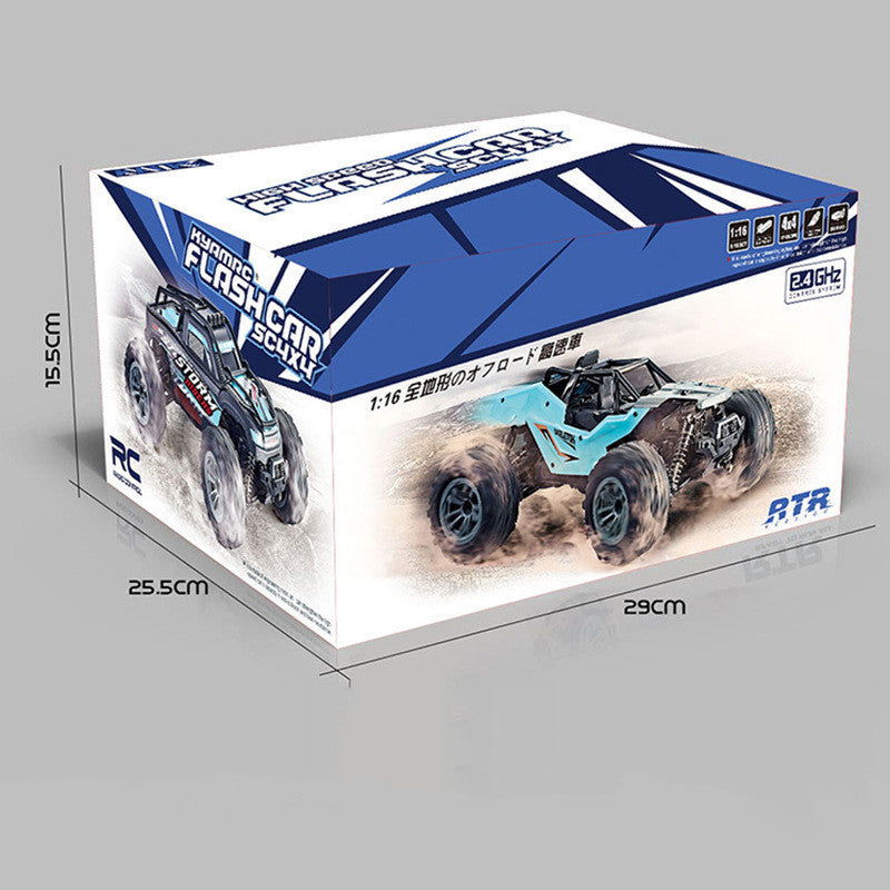 Remote control truck retail box with off-road graphics; package dimensions 29×25.5×15.5 cm shown.