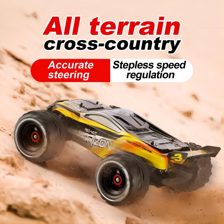 RC off-road car climbing sandy terrain with accurate steering and stepless speed control
