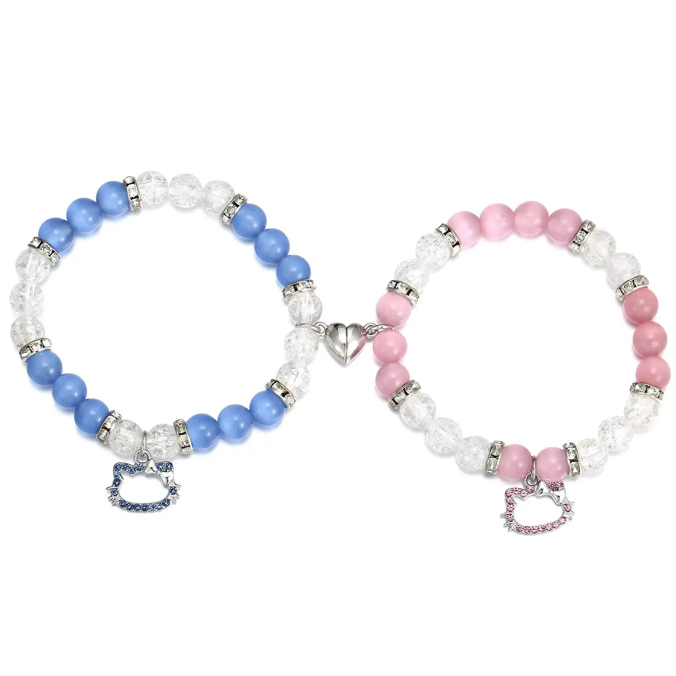 Two beaded bracelets, one blue and one pink, on a white background