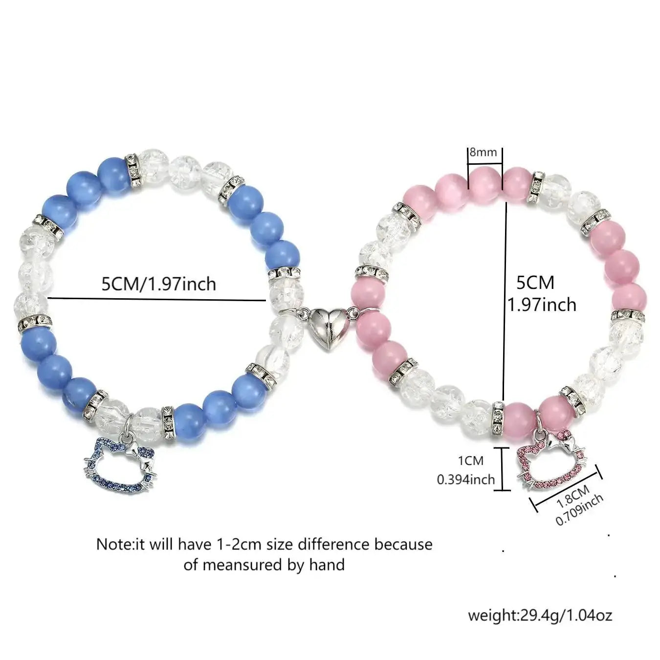 2 pcs of Blue and Pink Beads Cute cat Pendant Heart Shape Magnet Elastic Couple's Bracelets, Bff Trendy Jewelry Gifts