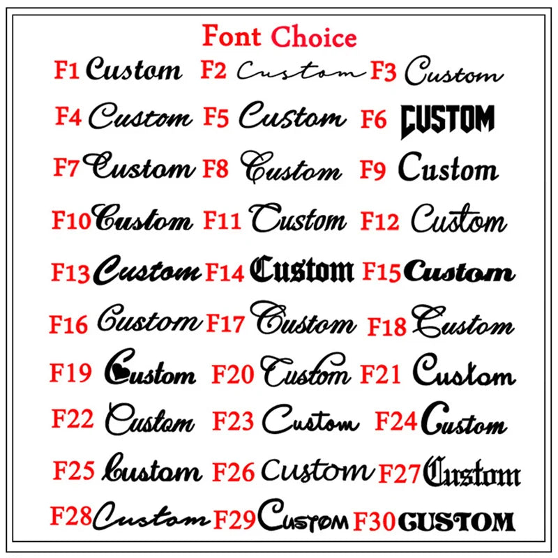 Various custom font styles displayed with labels on a white background