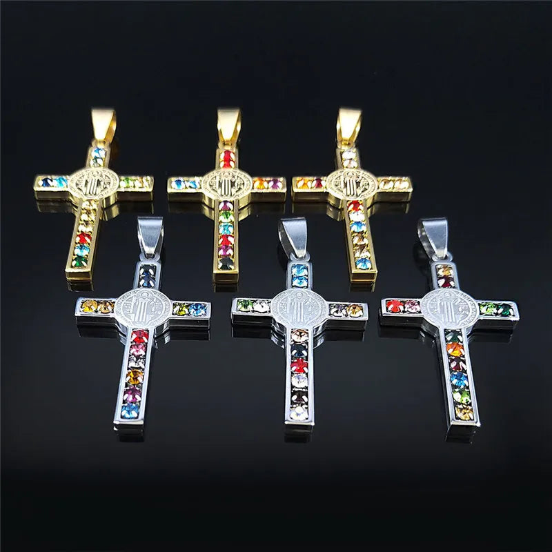 Catholic Jesus Cross Stainless Steel Necklace Saint Benedict Crystal Virgin Mary Pendant Crucifix Male Necklaces Jewelry cruz