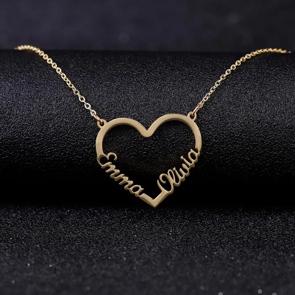 Personalized Double Name Gold Stainless Steel Necklaces Pandents Custom Heart Name Nameplate Necklace For Women Christmas Gift