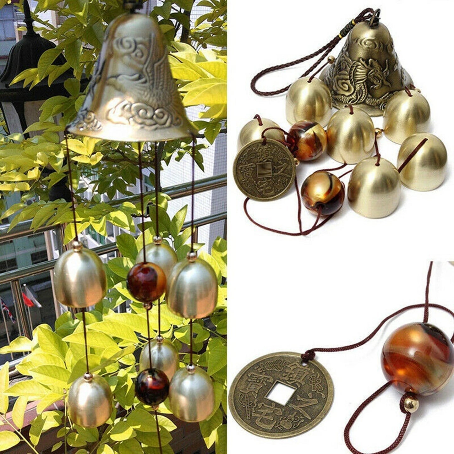 6 Copper Bells Outdoor Metal Wind Chimes Yard Garden Hanging Ornament Decor