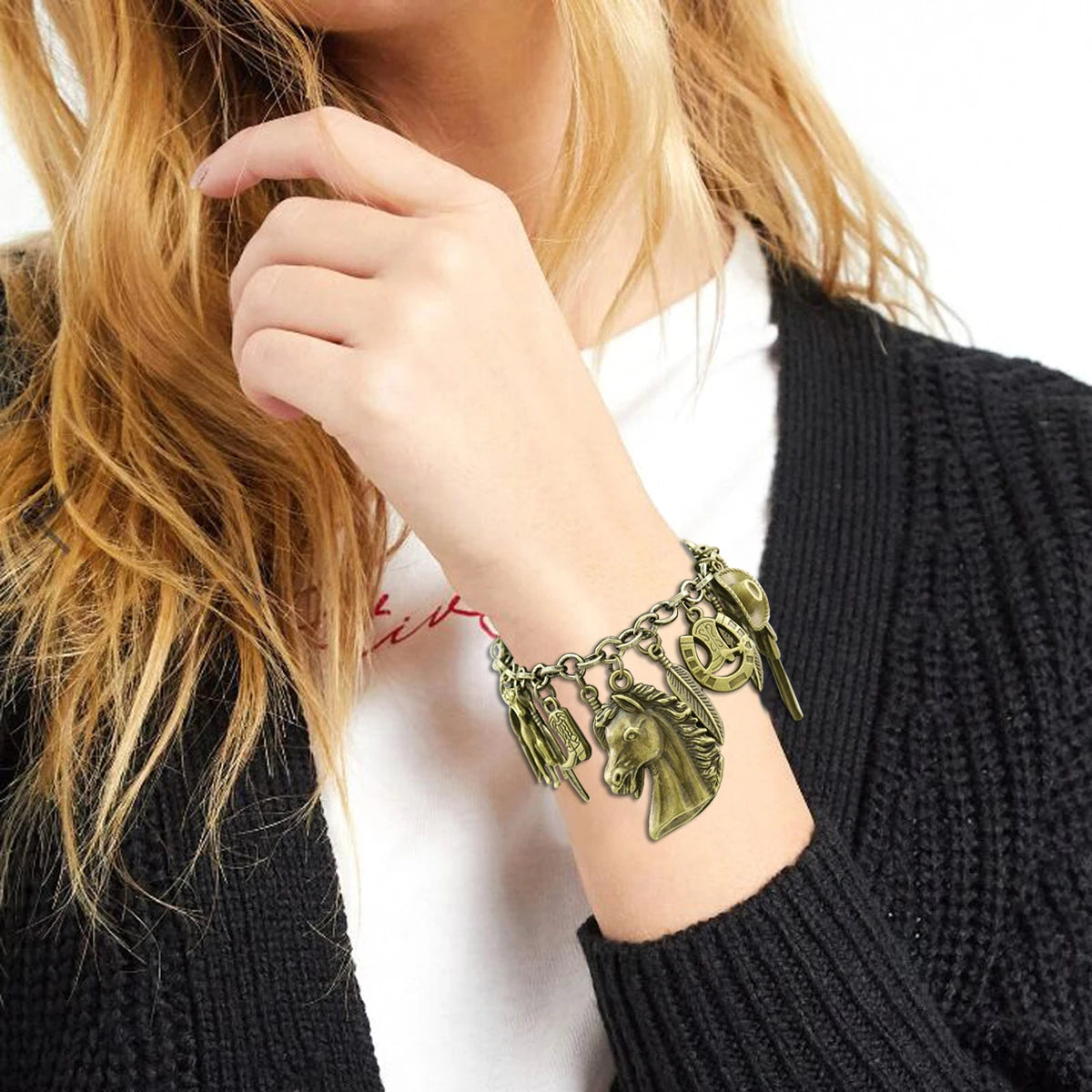 Cat Pendant Charm Chain Link Bracelets For Women Cowgirl Cuff Bangles Party Gift Fashion Jewelry Pulseira Feminina Dropshipping