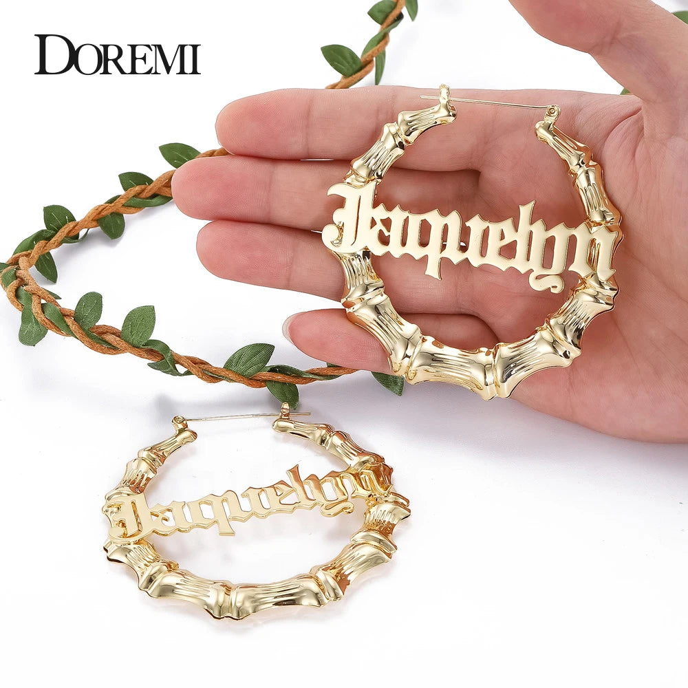 DOREMI Custom Name Bamboo Hoop Gold Plated Stainless Steel Words Personalized Jewelry