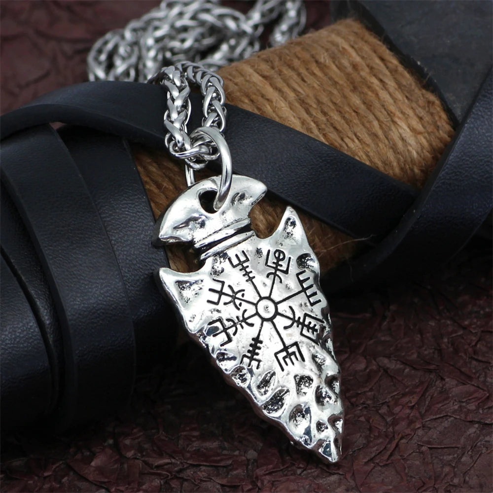 Men Viking Spear Compass Necklaces Norse Runes Amulet Helm of Awe Vegvisir Pendant Stainless Steel/Genuine Leather Chain Jewelry