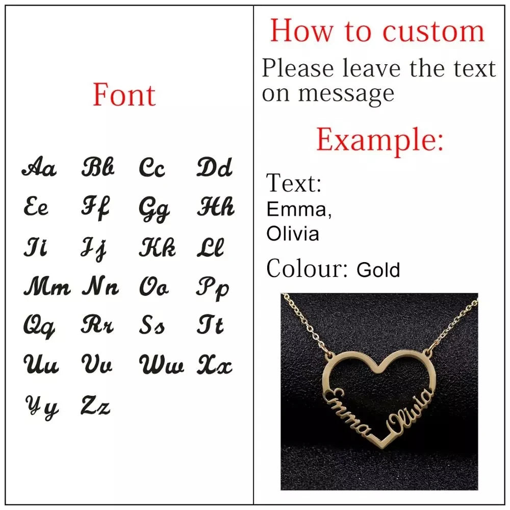 Personalized Double Name Gold Stainless Steel Necklaces Pandents Custom Heart Name Nameplate Necklace For Women Christmas Gift