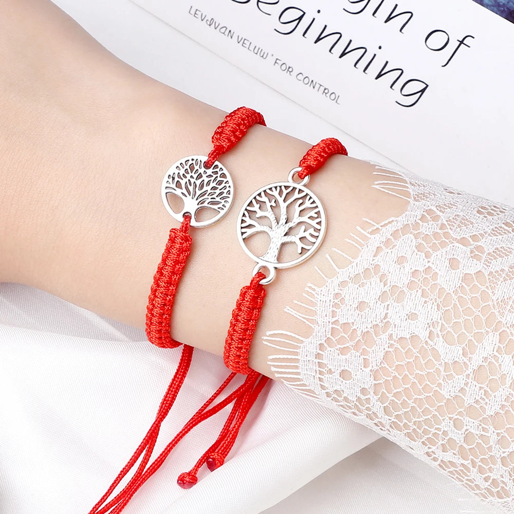 2pcs/set Red Black Life Tree Thread Bracelet Men Handwoven Braided Adjustable Tibetan Buddhist Bracelet Women Lover Jewelry Gift