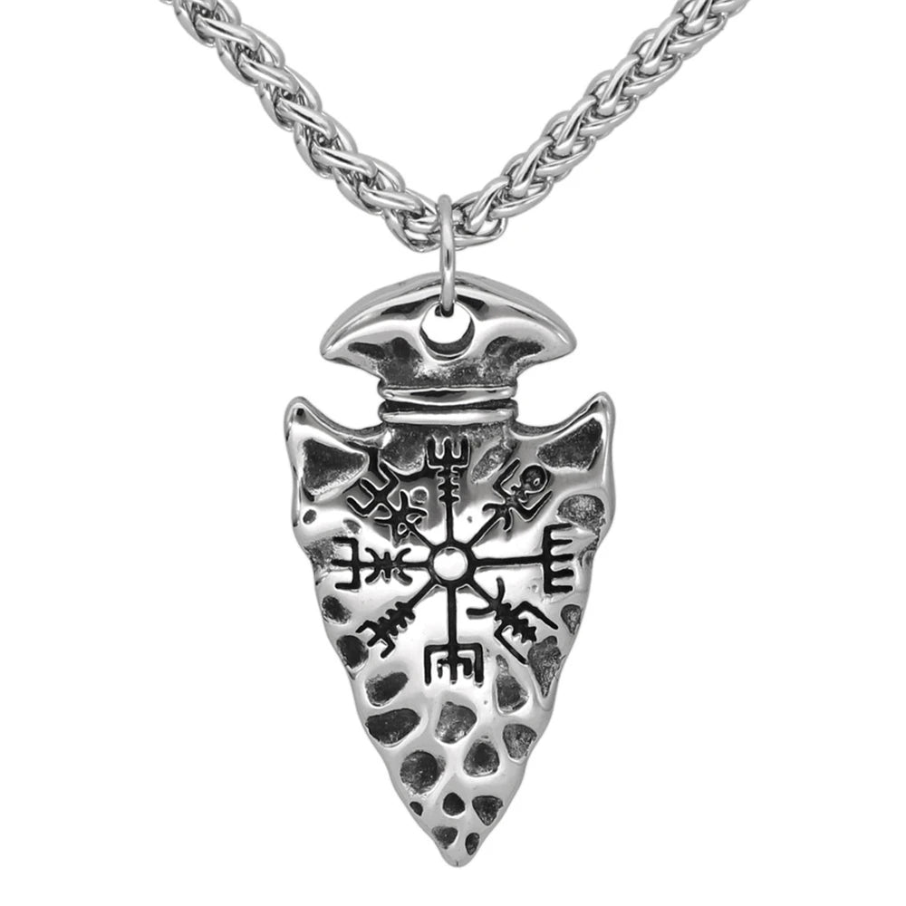Men Viking Spear Compass Necklaces Norse Runes Amulet Helm of Awe Vegvisir Pendant Stainless Steel/Genuine Leather Chain Jewelry