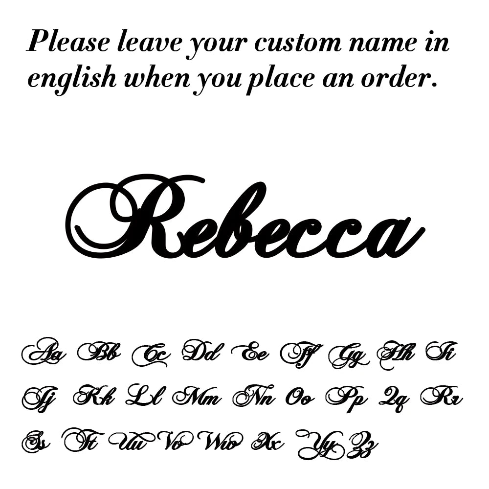 Custom name 'Rebecca' in cursive with a list of letters below on a white background.