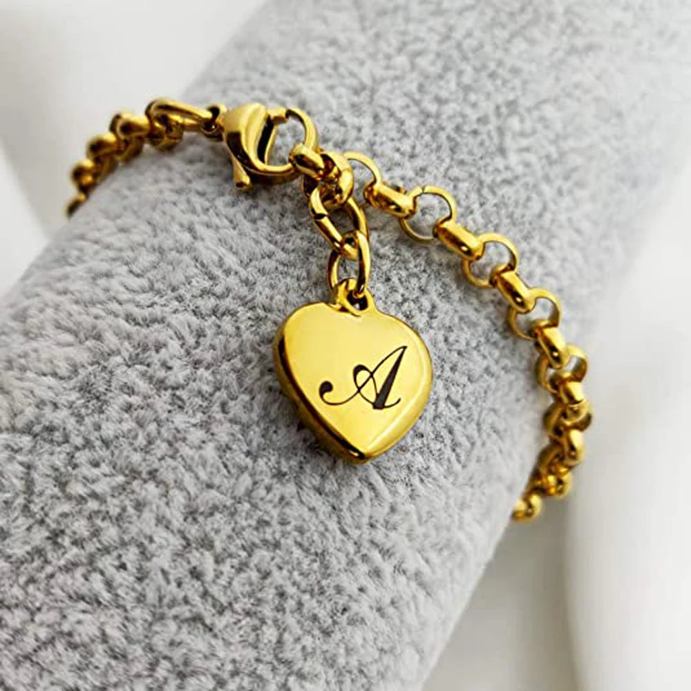 Initial Charm Gold-Color Bracelets Stainless Steel Heart 26 Letters Alphabet Bracelet for Women Girls Kids Gifts